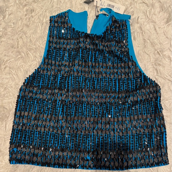 Alice + Olivia Turquoise and Black Sequin Tank Blouse NWT